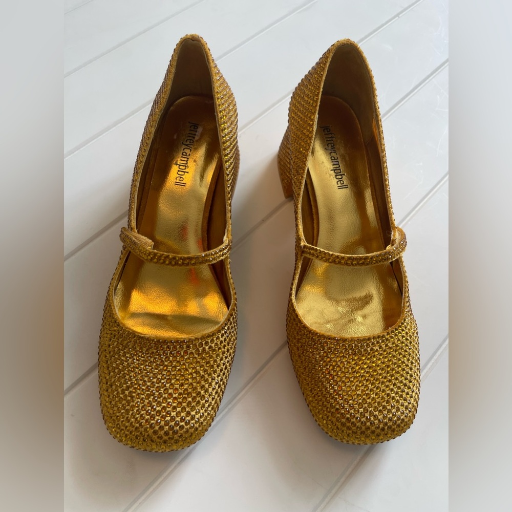 Jeffrey Campbell Regal Gold Rhinestone MaryJane bloc heel shoe women’s 6 NWOT